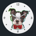 Hipster de l'art culte Pop Boston Terrier Dog<br><div class="desc">Un mignon petit Boston Terrier porte des lunettes rouges et une cravate arc rouge au centre de cette horloge. Un dégradé vert et bleu lui donne un look pop art rétro. Les chiffres noirs et les marqueurs empreintes de pattes sur l'arrière - plan blanc rendent l'horloge facile à lire.</div>