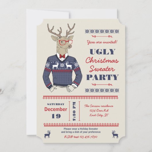 Hipster Deer Ugly Christmas Sweater Invitation (Devant)
