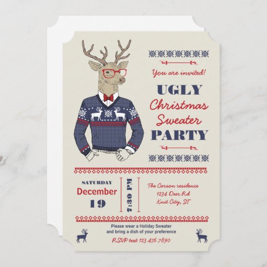 Hipster Deer Ugly Christmas Sweater Invitation (Devant / Derrière)