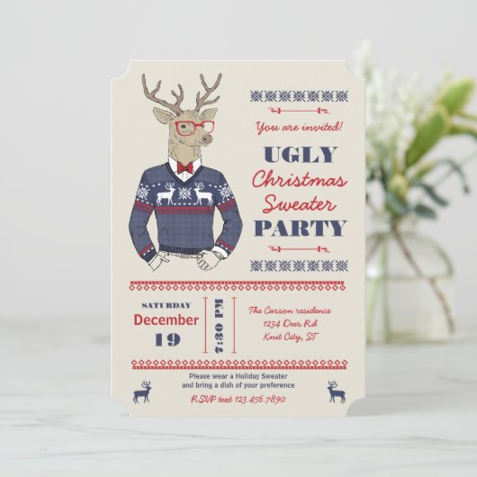 Hipster Deer Ugly Christmas Sweater Uitnodiging (Staand voorkant)