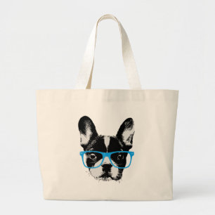 Hipster French Bulldog Nerdy Dog Grote Tote Bag