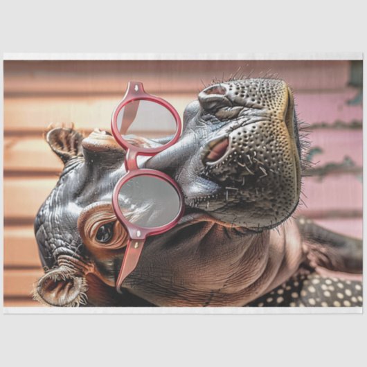 Hipster Hippo Roze Zonnebril Decoupage Links Tissuepapier (Voorkant)