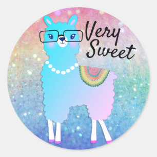 Hipster Llama Rainbow Glitter Ombre Ronde Sticker