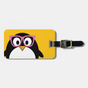 Hipster Penguin - Cute Cartoon Yellow Pink Bagagelabel