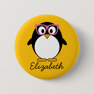 Hipster Penguin - Cute Cartoon Yellow Pink Ronde Button 5,7 Cm