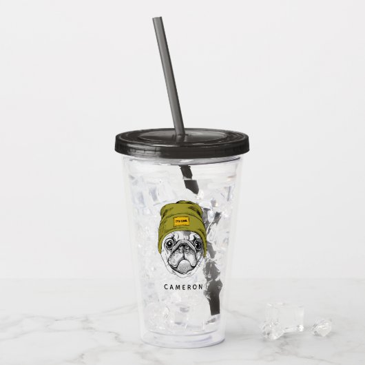 Hipster Pug | Het is Cool | Jouw namen toevoegen Acryl Drinkbeker (Voorkant ijs)