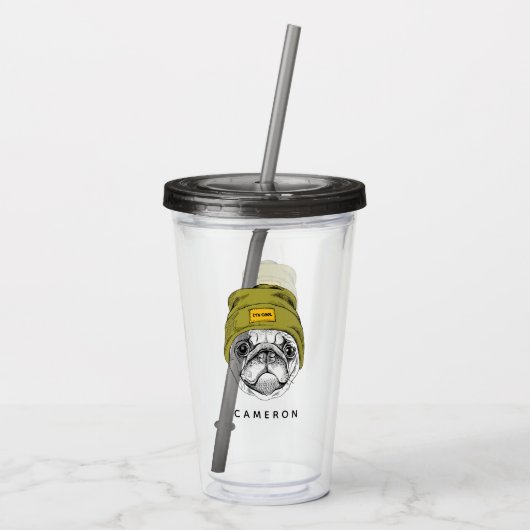Hipster Pug | Het is Cool | Jouw namen toevoegen Acryl Drinkbeker (Achterkant)