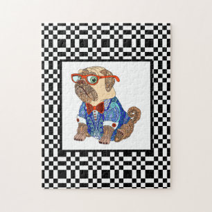 Hipster Pug op Uitdagend Zwart-Wit Schaakbord Legpuzzel