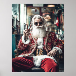 Hipster Santa slaat een Pose Peace Holiday vibes Poster