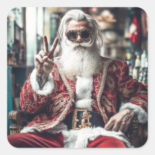 Hipster Santa slaat een Pose Peace Holiday vibes Vierkante Sticker
