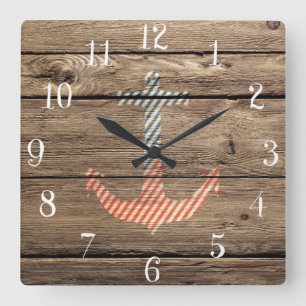 Hipster Stripes Anchor Rustic Wood Foto afdrukken Vierkante Klok