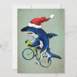 Hipsterhaai op een fiets met kerstmannenmuts feestdagenkaart