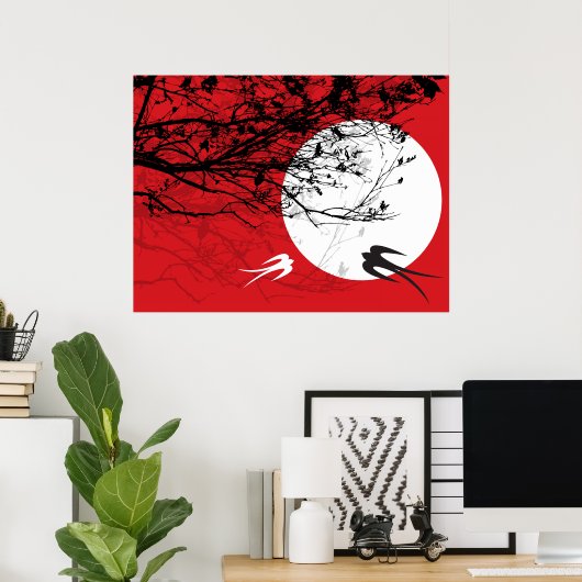 Hirondelles Orientales Dans Lune Zen Rouge Poster (Bureau à domicile)