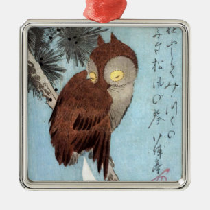 Hiroshige - Horned Owl, Pine, en Crescent Moon Metalen Ornament