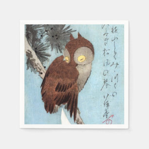 Hiroshige - Horned Owl, Pine, en Crescent Moon Servet