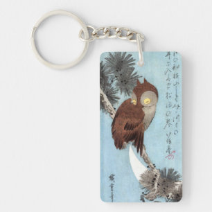 Hiroshige - Horned Owl, Pine, en Crescent Moon Sleutelhanger