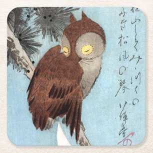 Hiroshige - Horned Owl, Pine, en Crescent Moon Vierkante Kartonnen Onderzetter