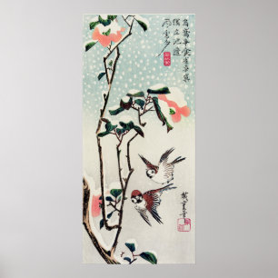 Hiroshige Sparrows en Camellias in de sneeuw Poster