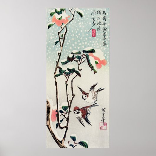 Hiroshige Sparrows en Camellias in de sneeuw Poster (Voorkant)