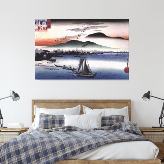 Hiroshige - Vissende boten op een meer Canvas Afdruk (Insitu (Slaapkamer))