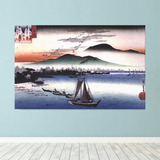 Hiroshige - Vissende boten op een meer Canvas Afdruk (Insitu (Houten vloer))