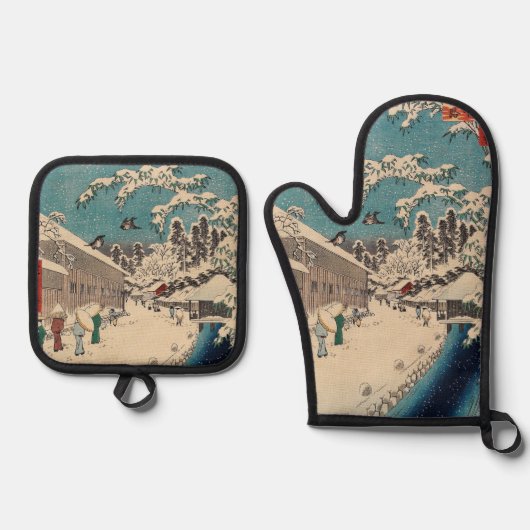 Hiroshige winterlandschap Japan land Ovenwant & Pannenlap Set (Voorkant)