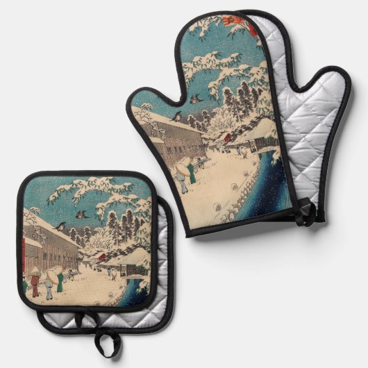 Hiroshige winterlandschap Japan land Ovenwant & Pannenlap Set (Voorkant / Achterkant)