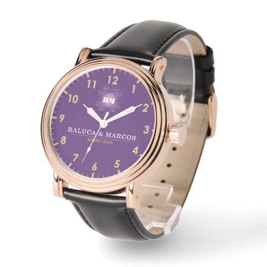 His and Her couple names elegant purple monogram Horloge (Hoek)