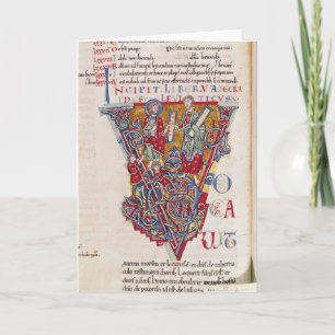 Historiated initiaal "V" die een scène weergeven Notitiekaartje