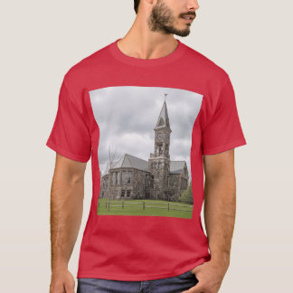 Historisch stenen klokkentoren schoolgebouw meisje t-shirt
