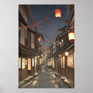 Historische Japanse straat met lantaarns Poster