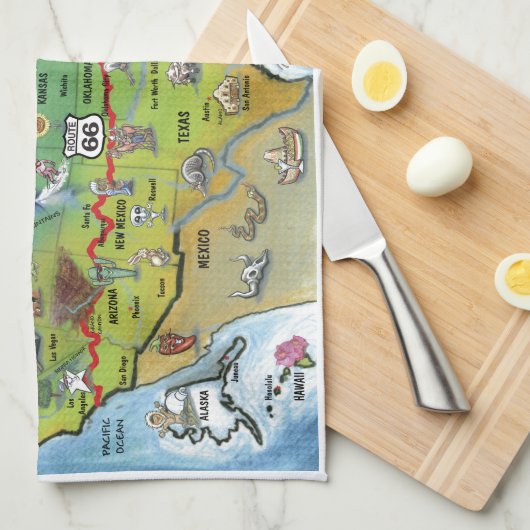 Historische Route 66 Cartoon Map Theedoek (Quarter Fold)