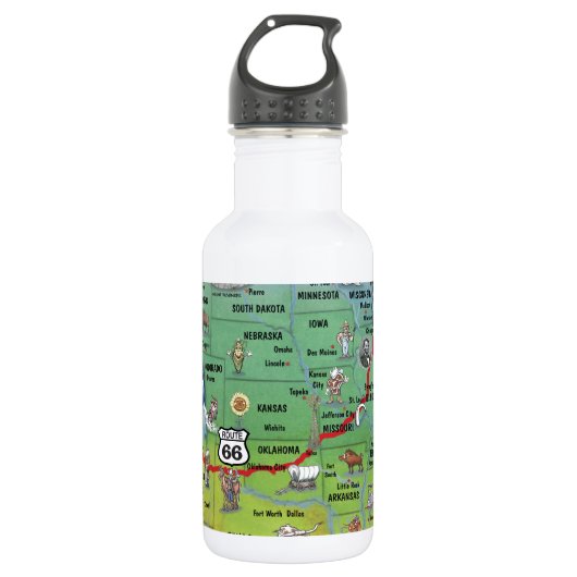 Historische Route 66 Cartoon Map Waterfles (Voorkant)