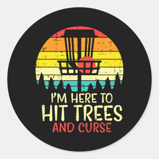 Hit Trees en Curse Sunset Retro Disc Golf Ronde Sticker (Voorkant)