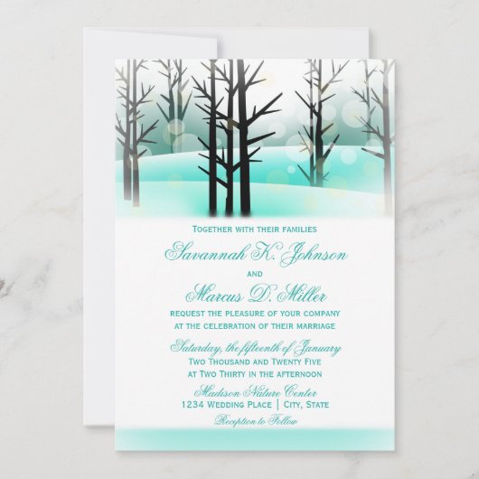 Hiver Aqua Bois Arbres Mariages Invitations (Devant)