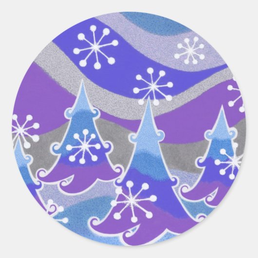 Hiver arbres bleu rond autocollant (Devant)