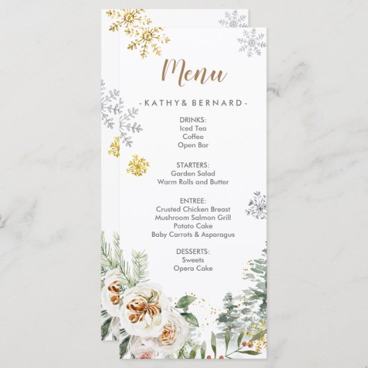 Hiver Blanc Floral Pine Trees Mariage Menu Card (Devant / Derrière)