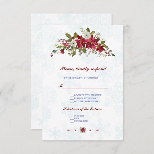 Hiver Blanc Poinsettia Snowflakes Mariage RSVP (Devant / Derrière)