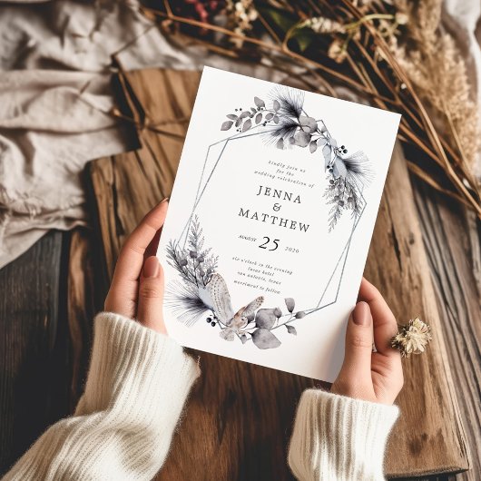 Hiver Bleu Élégant Faire-part de mariage de feuill