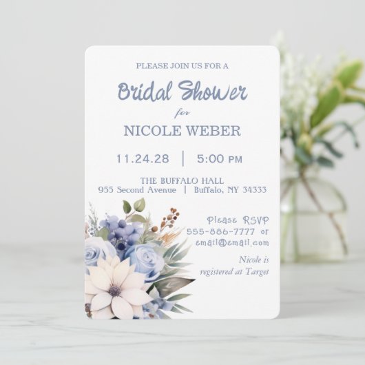 Hiver Bleu Floral Invitation de douche nuptiale (Debout devant)