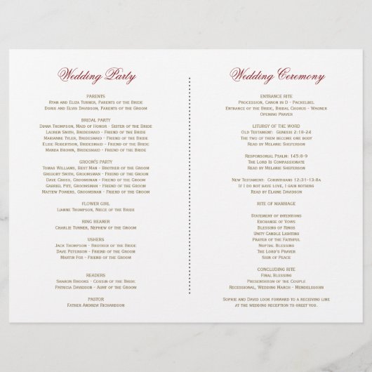 Hiver Bourgogne Floral Pine Gold Wedding Programme (Dos)