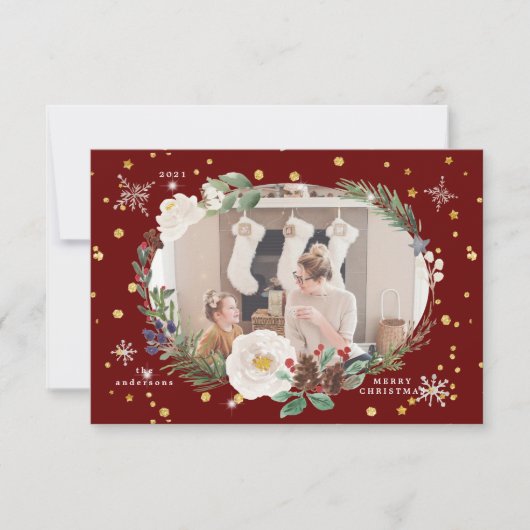 hiver fleurie wreath photo joyeuse carte de vacanc (Devant)