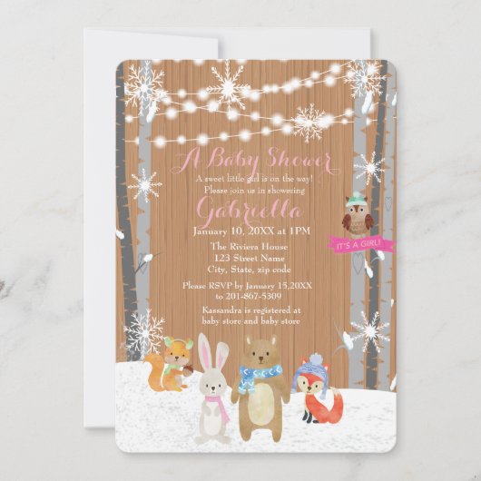 Hiver Forêt de Bois Bébé Fille Douche Invitation (Devant)