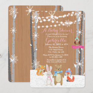 Hiver Forêt de Bois Bébé Fille Douche Invitation