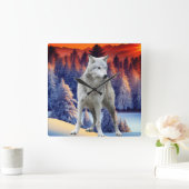 Hiver Forêt Sunrise Thème Carré Horloge murale (Maison)