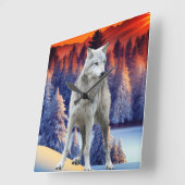 Hiver Forêt Sunrise Thème Carré Horloge murale (Angle)