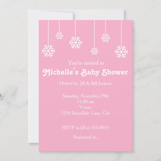 Hiver Hanging Snowflakes Invitation fête rose (Devant)