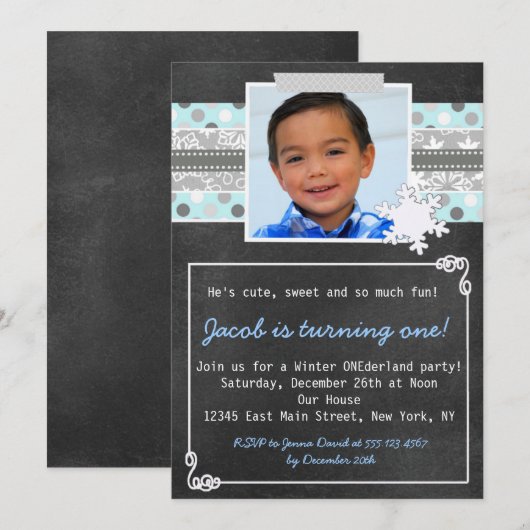 Hiver ONE derland 1er anniversaire invitation Blue (Devant / Derrière)