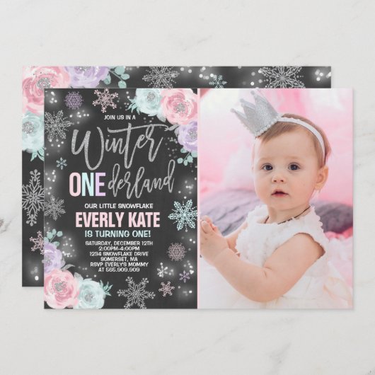 Hiver ONE derland Anniversaire Invitation Argent r (Devant / Derrière)