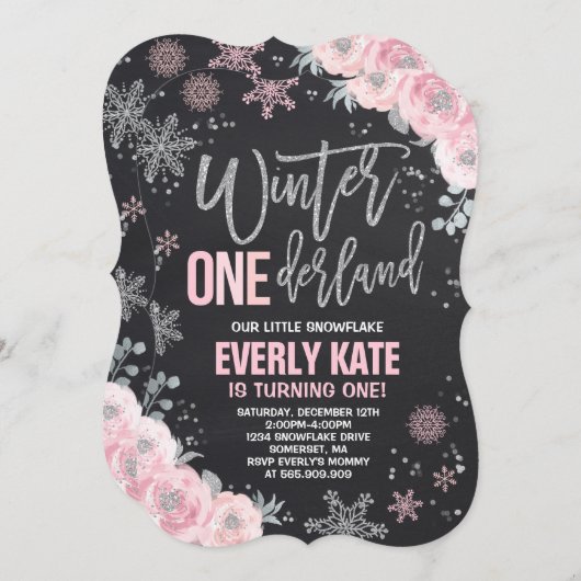 Hiver ONE derland Anniversaire Invitation Argent r (Devant / Derrière)